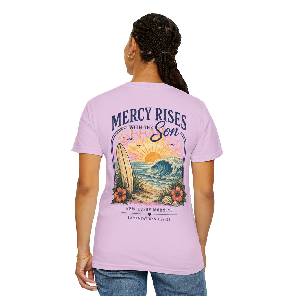 Mercy Rises Tee — Sunrise Surf Christian T-Shirt (Lamentations 3:22-23)