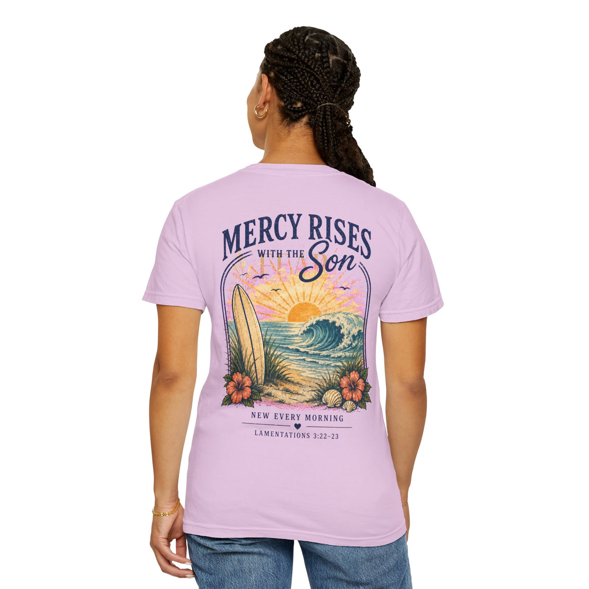 Mercy Rises Tee — Sunrise Surf Christian T-Shirt (Lamentations 3:22-23)