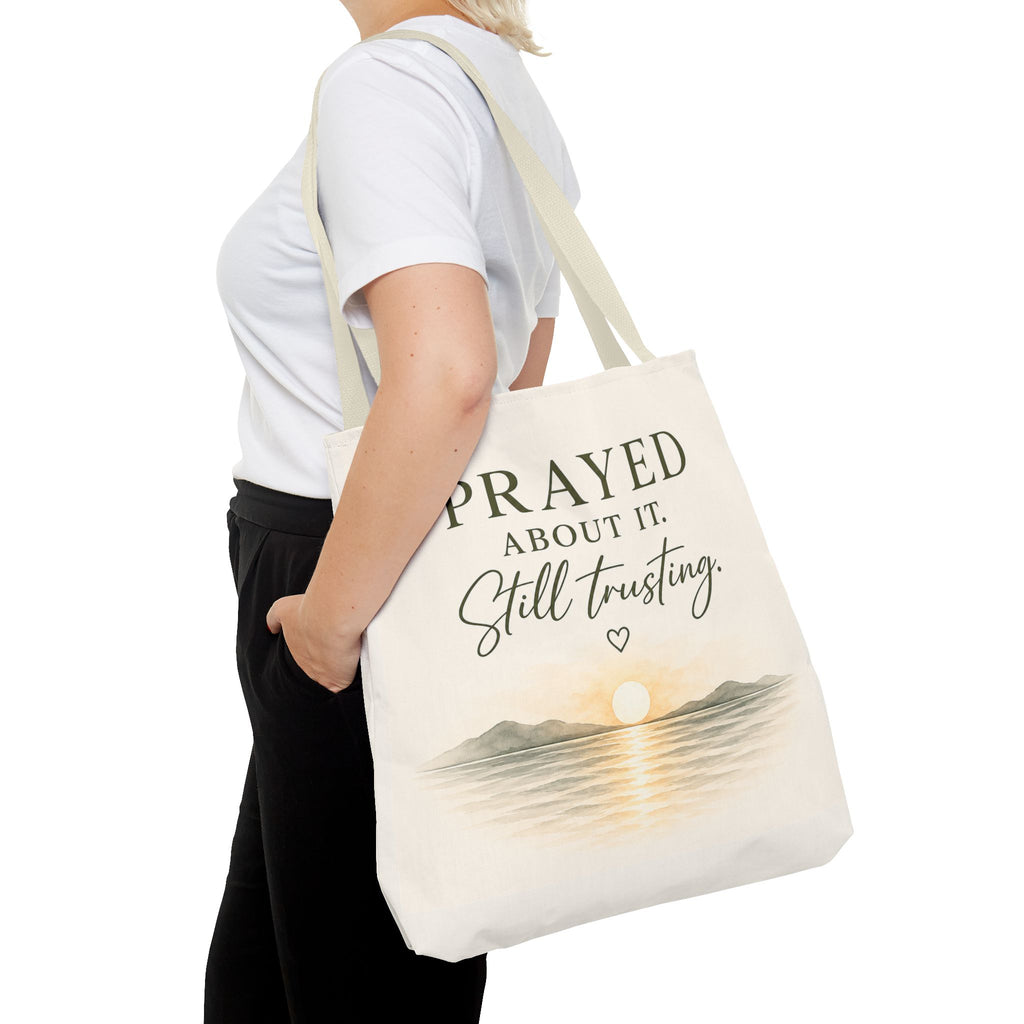 Prayed About It. Still Trusting.™ Double-Sided Faith Tote Bag | Minimalist Christian Canvas Tote | Coastal Watercolor Gift for Women
