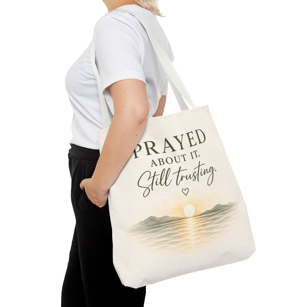 Prayed About It. Still Trusting.™ Double-Sided Faith Tote Bag | Minimalist Christian Canvas Tote | Coastal Watercolor Gift for Women