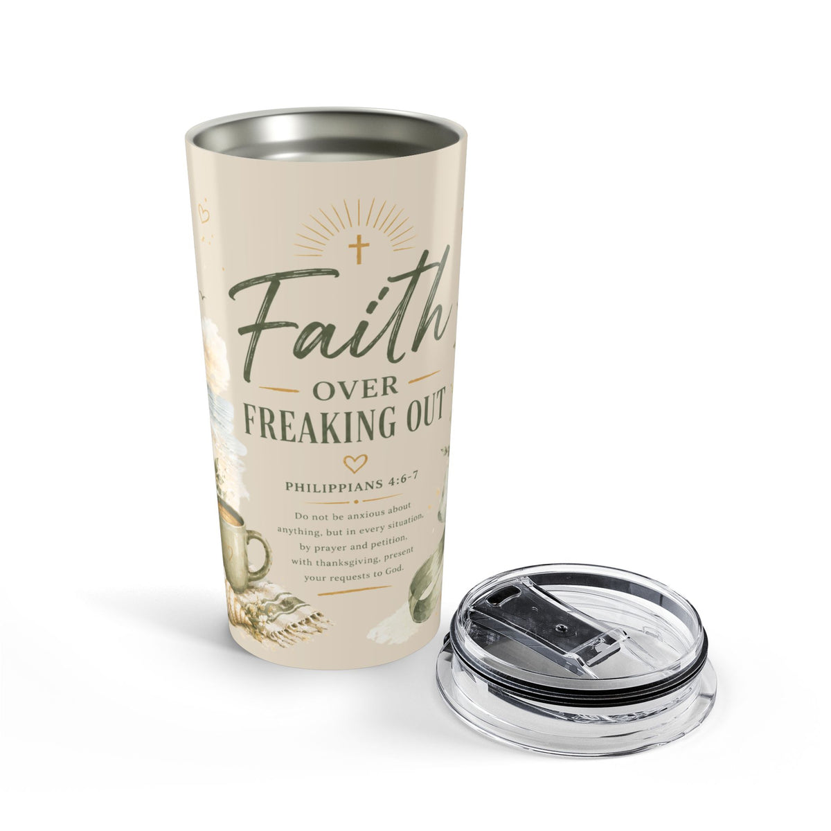 Faith Over Freaking Out™ Coastal Scripture Tumbler | Philippians 4:6–7 | 20 oz Insulated Travel Cup