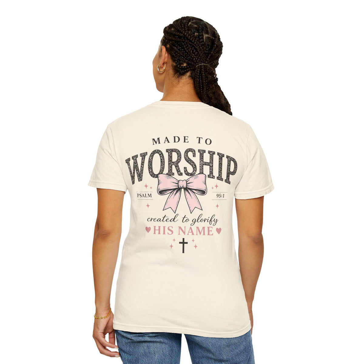 Made to Worship | Psalm 95:1 | Christian Bow T-Shirt | Vintage Faith Graphic Tee for Women