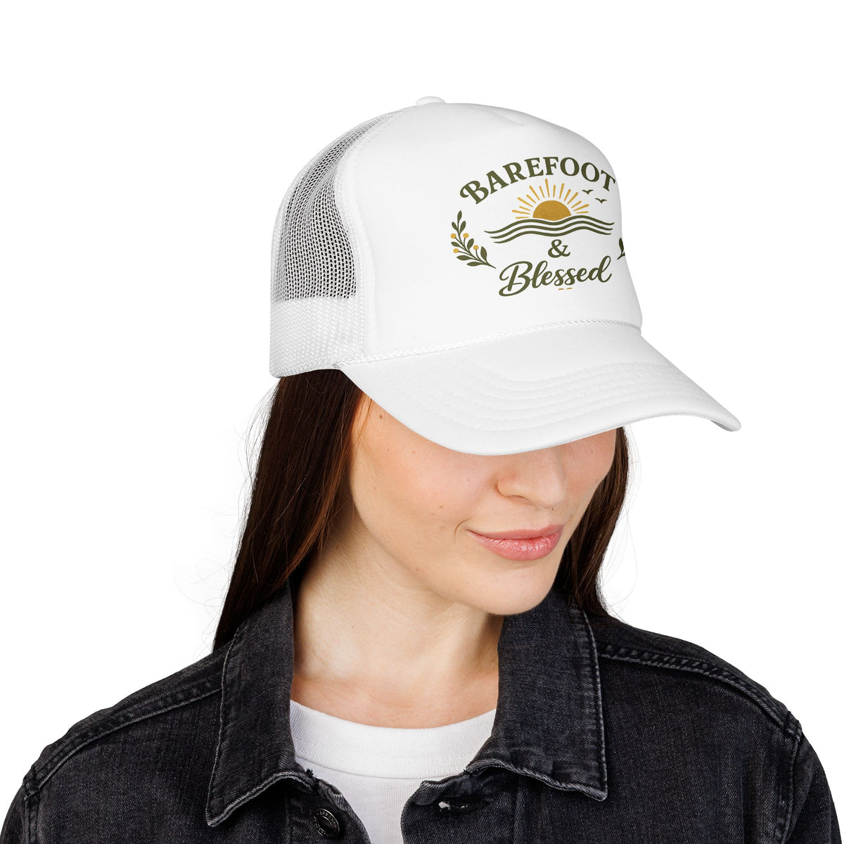 Barefoot & Blessed™ Coastal Christian Trucker Hat | Women's Boutique Beach Snapback | Faith Lifestyle Hat | Still Blessed Co.