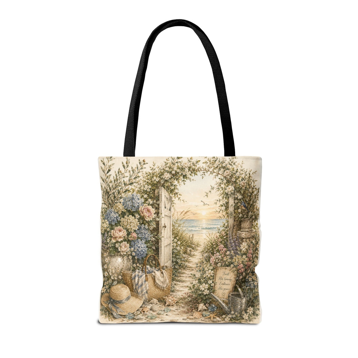 Secret Garden to the Sea™ Double-Sided Coastal Tote Bag | Botanical Beach Canvas Tote | Cottagecore Market Bag | Elegant Gift for Women