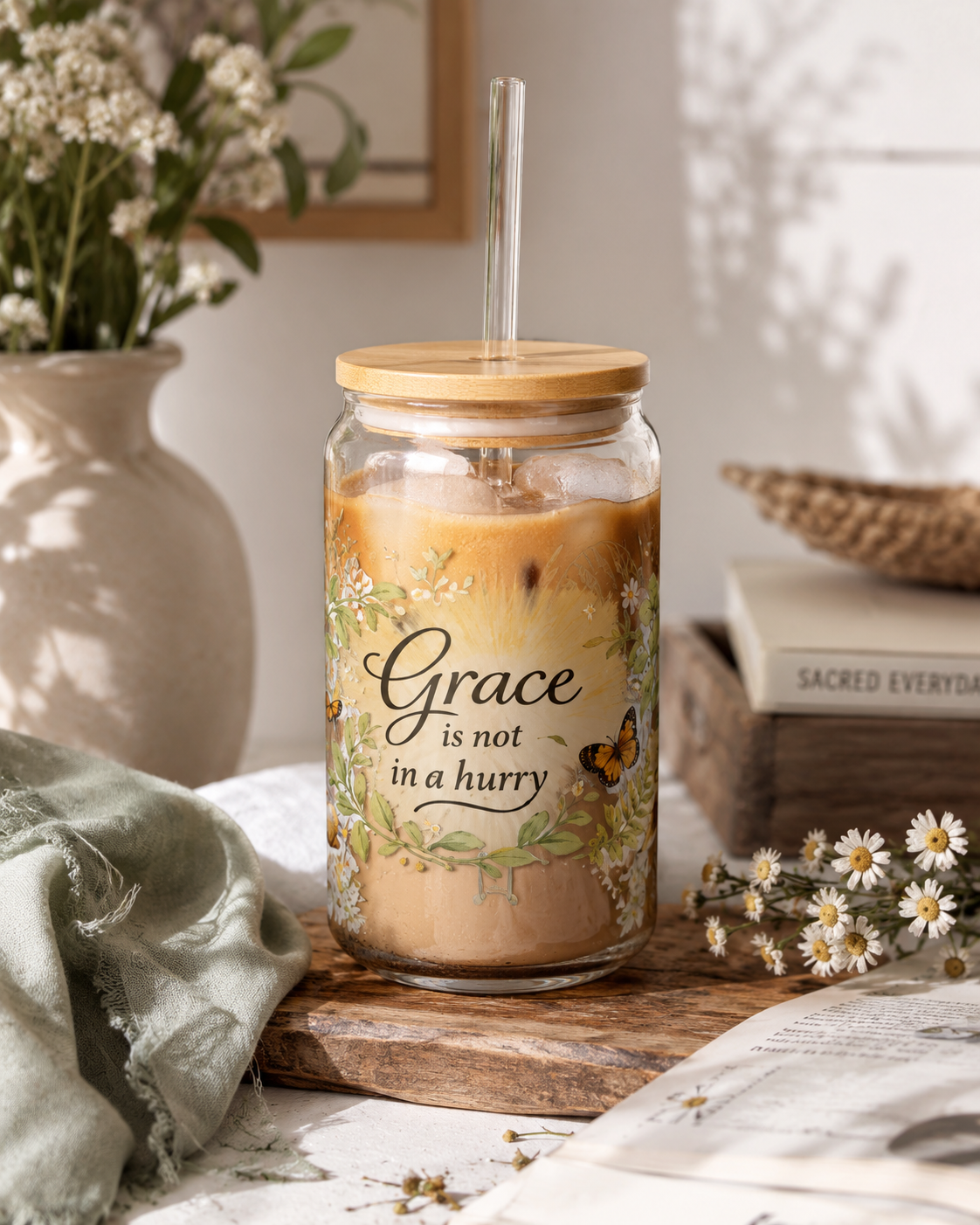 Grace Is Not in a Hurry | 16 oz Boutique Botanical Sipper Glass
