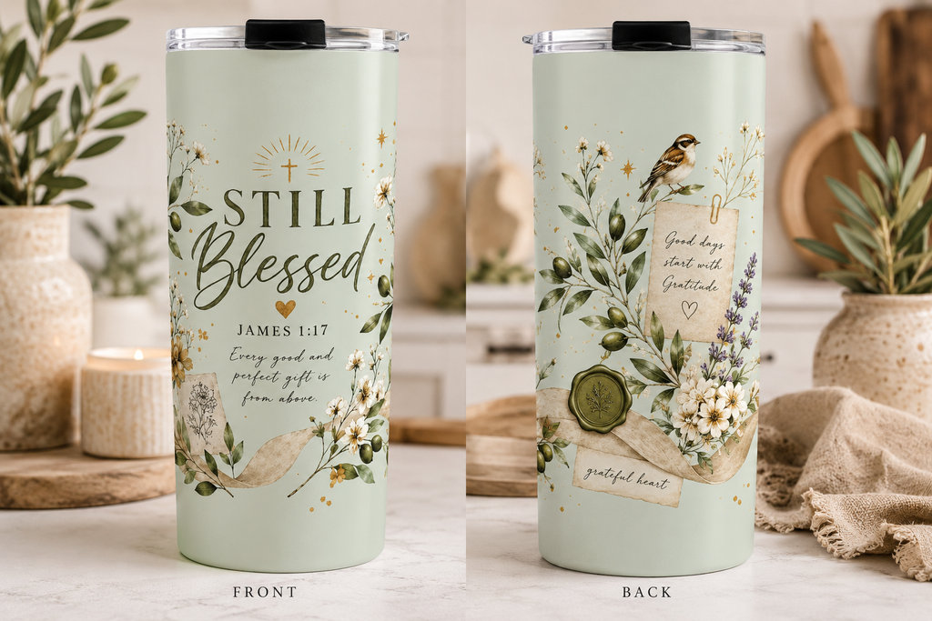 Still Blessed™ Botanical Scripture Tumbler | James 1:17 | 20 oz Faith-Inspired Insulated Travel Cup