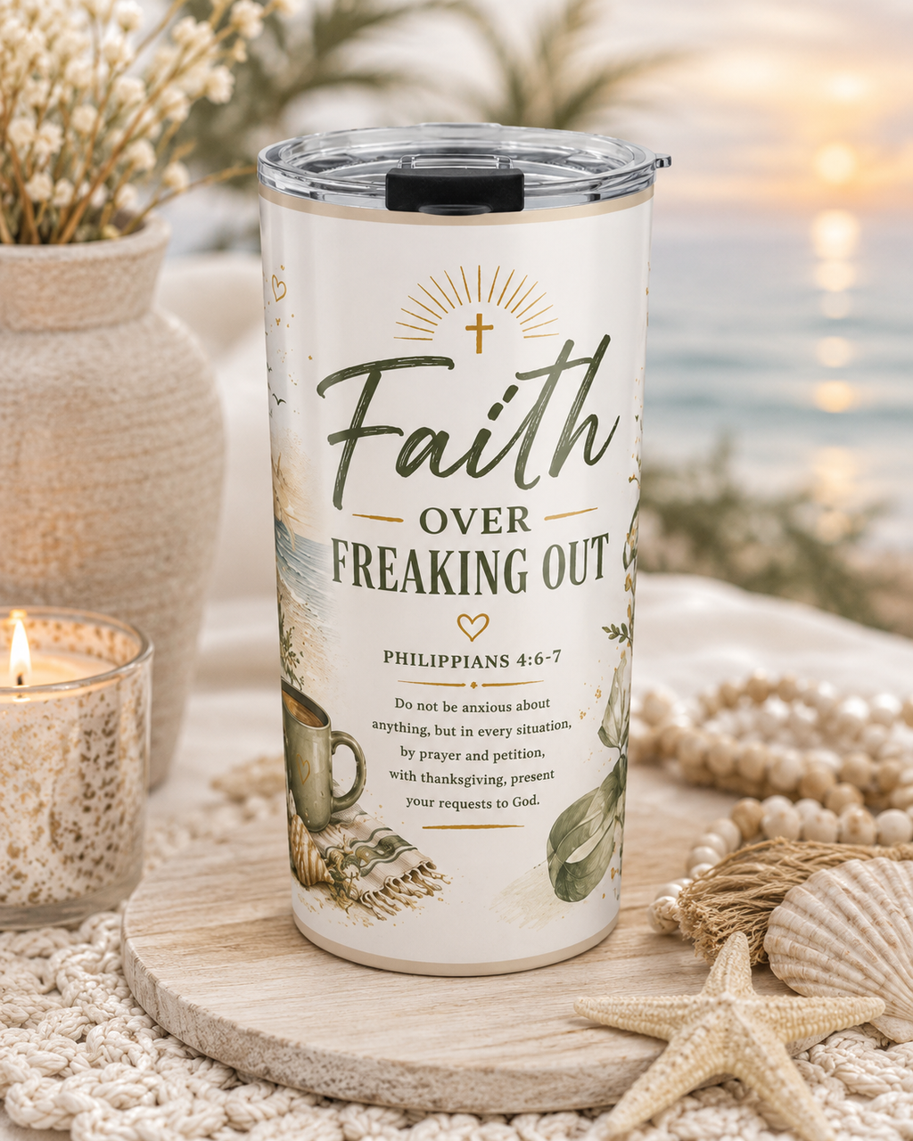 Faith Over Freaking Out™ Coastal Scripture Tumbler | Philippians 4:6–7 | 20 oz Insulated Travel Cup