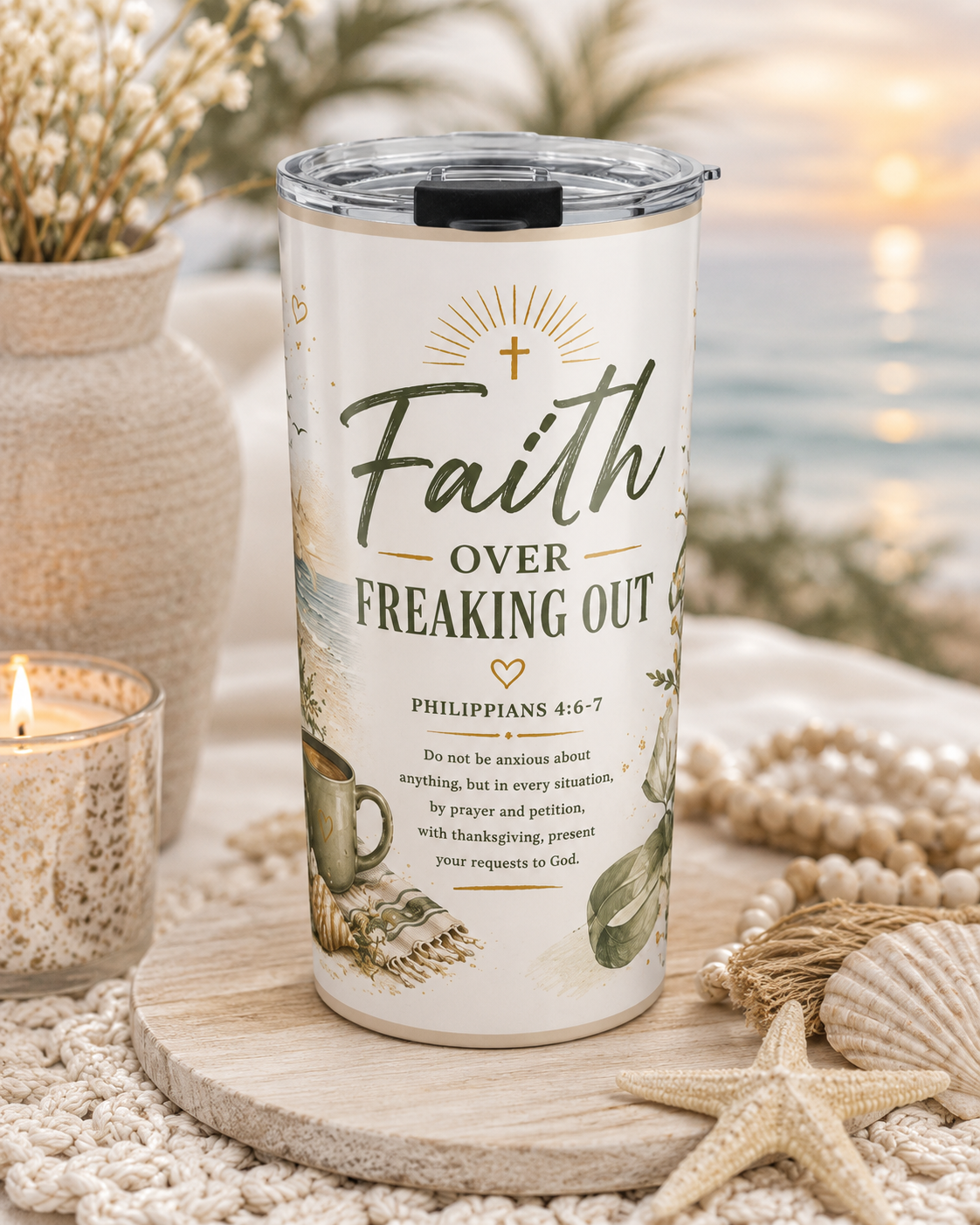 Faith Over Freaking Out™ Coastal Scripture Tumbler | Philippians 4:6–7 | 20 oz Insulated Travel Cup