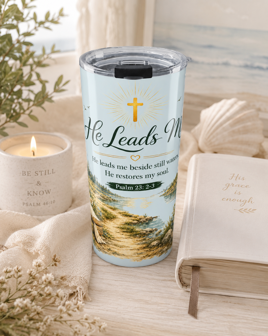 He Leads Me Coastal Scripture Tumbler | Psalm 23:2–3 | 20 oz Insulated Christian Travel Cup