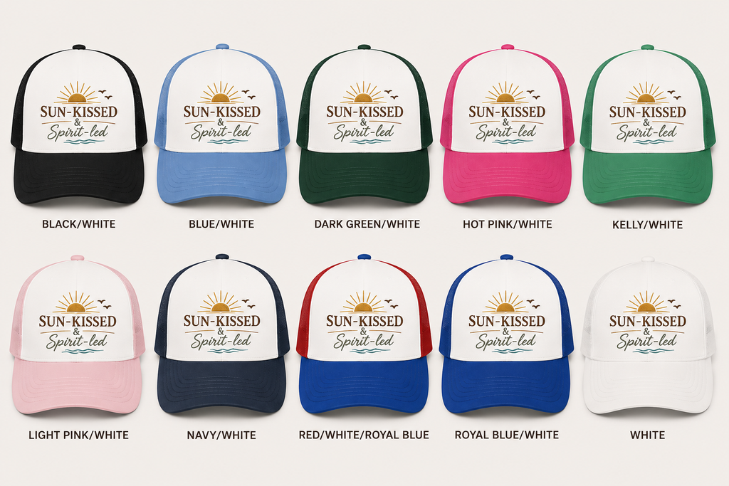 Sun-Kissed & Spirit-Led™ Coastal Christian Trucker Hat | Boutique Faith Snapback | Women's Beach Hat | Still Blessed Co.