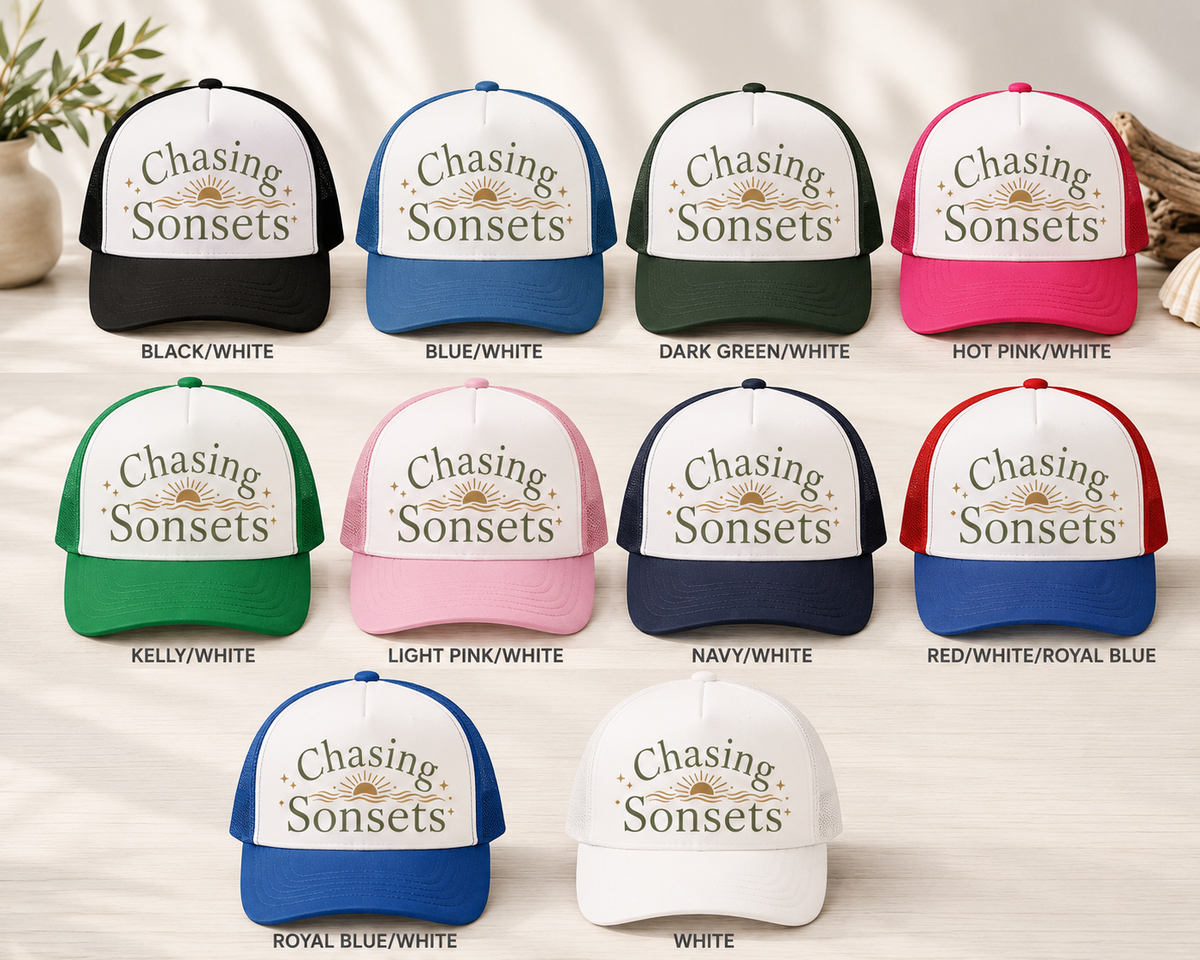 Chasing Sonsets™ Coastal Christian Trucker Hat | Women's Boutique Faith Snapback | Beach Lifestyle Hat | Still Blessed Co.