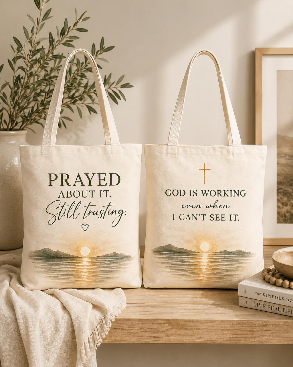 Prayed About It. Still Trusting.™ Double-Sided Faith Tote Bag | Minimalist Christian Canvas Tote | Coastal Watercolor Gift for Women