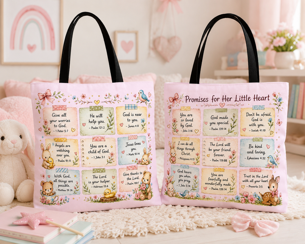 Promises for Her Little Heart™ Double-Sided Christian Girls Tote Bag | Bible Verse Tote | Church Bag for Girls | Faith Gift for Daughters