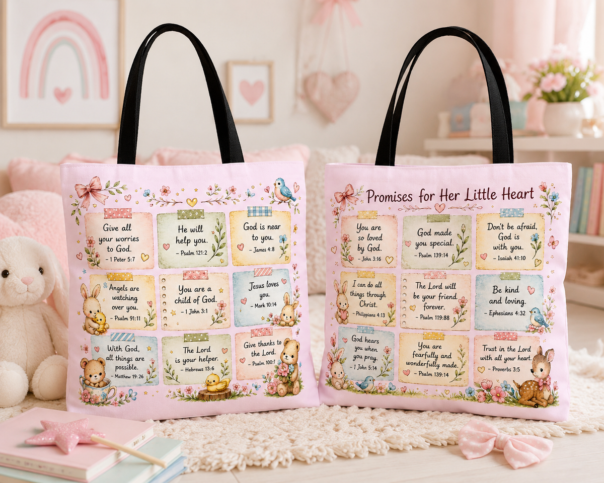 Promises for Her Little Heart™ Double-Sided Christian Girls Tote Bag | Bible Verse Tote | Church Bag for Girls | Faith Gift for Daughters