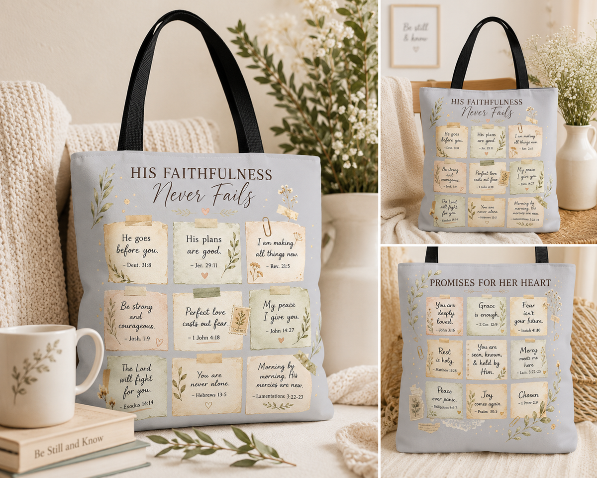His Faithfulness Never Fails™ Double-Sided Christian Tote Bag | Scripture Promise Canvas Tote | Bible Study Bag | Faith Gift for Women