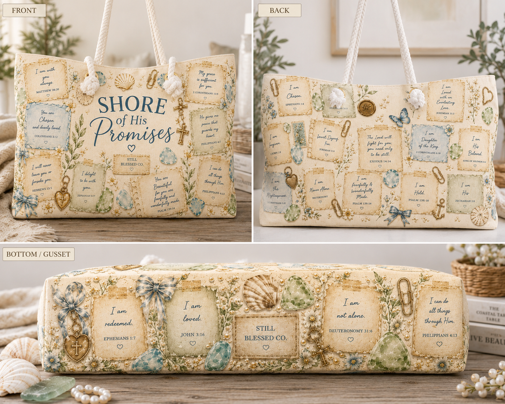 Shore of His Promises™ Weekender Bag | Luxury Coastal Christian Beach Bag | Faith Travel Tote | Oversized Beach Tote | Still Blessed Co.
