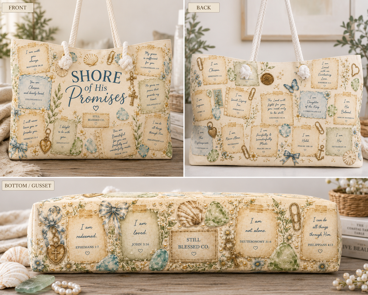 Shore of His Promises™ Weekender Bag | Luxury Coastal Christian Beach Bag | Faith Travel Tote | Oversized Beach Tote | Still Blessed Co.