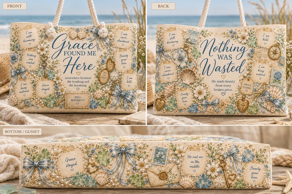 Grace Found Me Here™ Weekender Bag | Luxury Christian Beach Tote | Coastal Faith Travel Bag | Oversized Weekend Bag | Still Blessed Co.