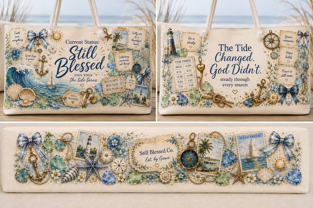 Current Status: Still Blessed™ Weekender Bag | Luxury Coastal Christian Beach Tote | Faith Travel Bag | Oversized Beach Bag | Still Blessed Co.