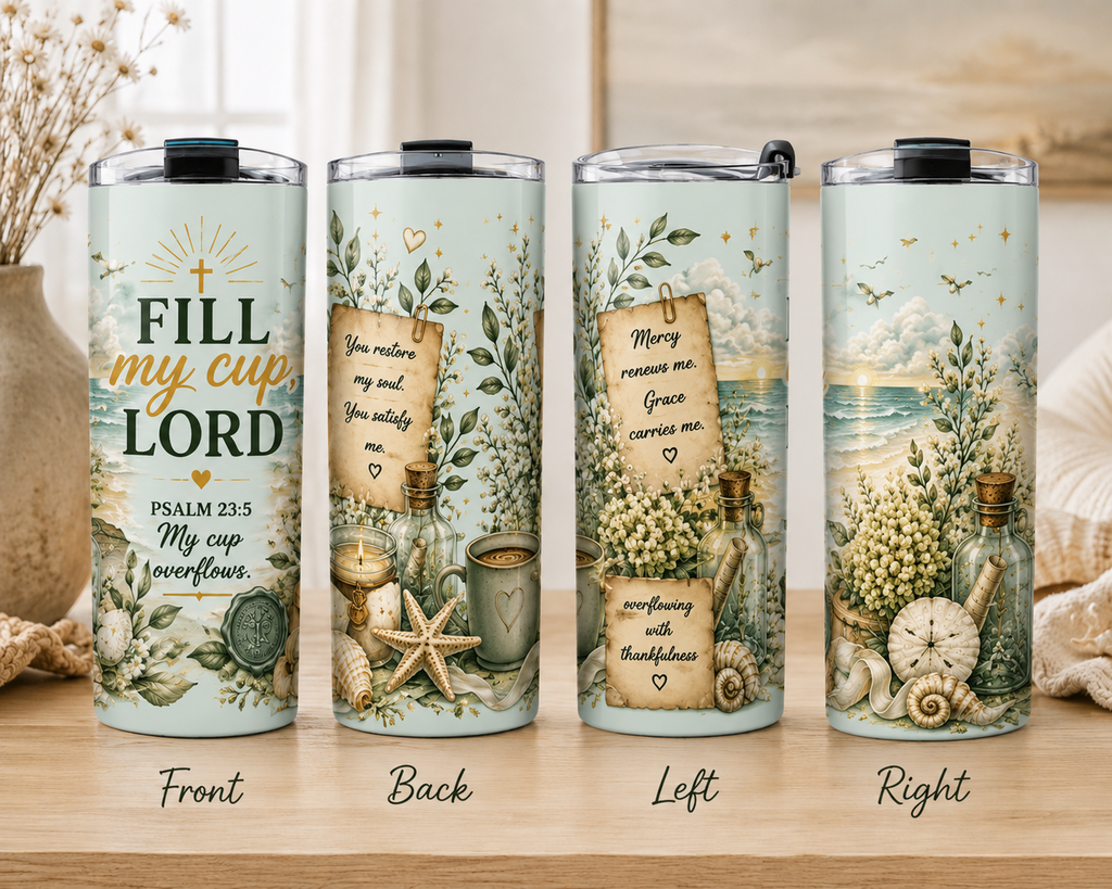 Fill My Cup, Lord™ Coastal Scripture Tumbler | Psalm 23:5 | 20 oz Insulated Travel Cup