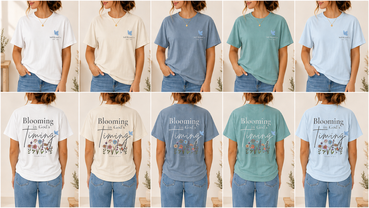 Blooming in God’s Timing Comfort Colors® Tee | Christian Floral Front & Back Shirt | Faith-Inspired Gift for Her