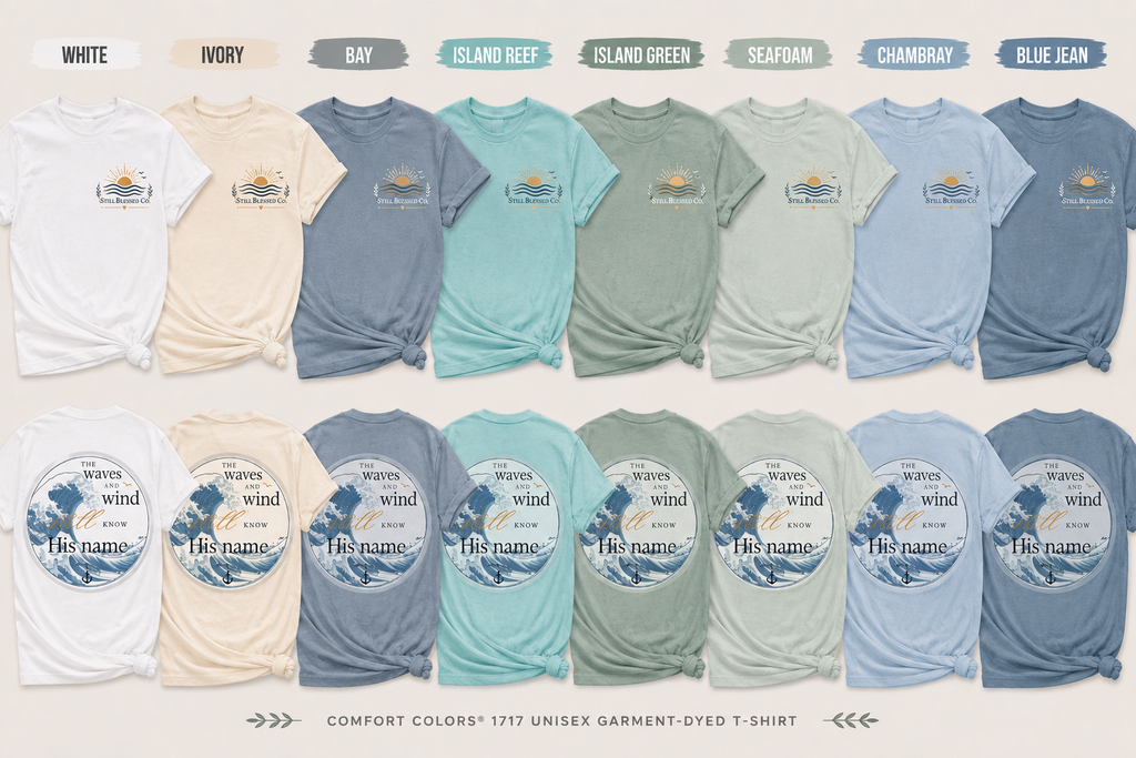 The Waves and Wind Still Know His Name | Coastal Christian Comfort Colors Tee | Matthew 8:27