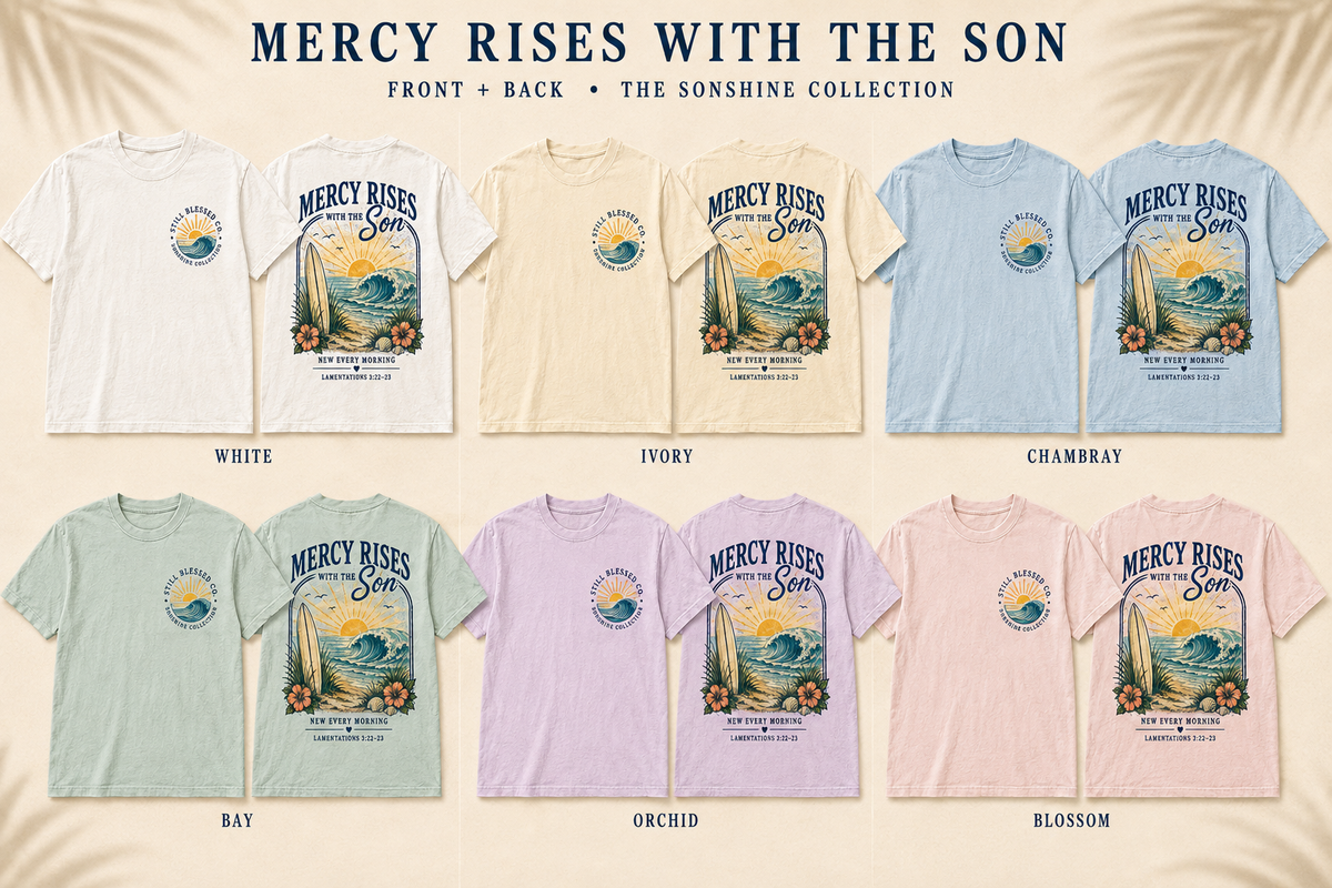 Mercy Rises Tee — Sunrise Surf Christian T-Shirt (Lamentations 3:22-23)
