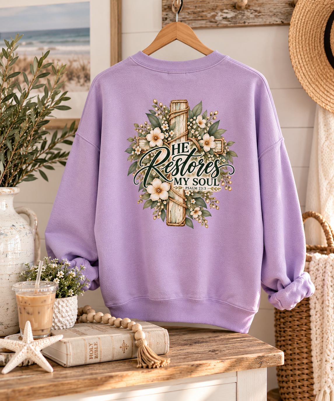 He Restores My Soul Sweatshirt | Psalm 23:3 Christian Crewneck | Botanical Faith Sweatshirt | Christian Gift for Women