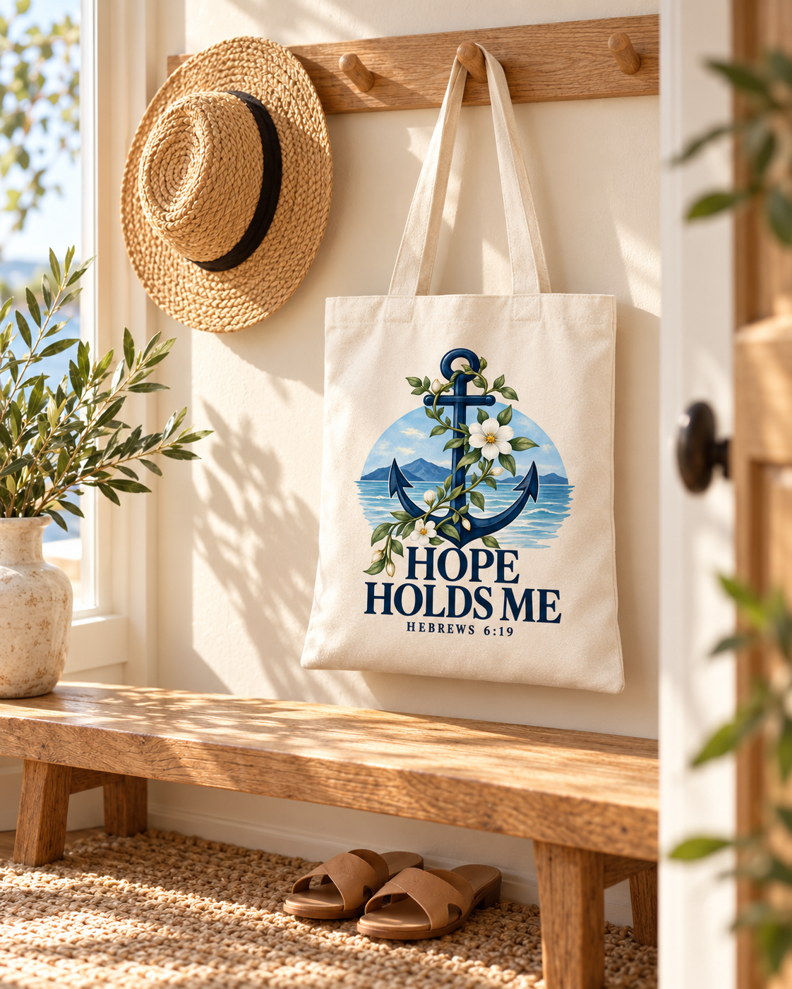 Hope Holds Me · Coastal Scripture Canvas Tote