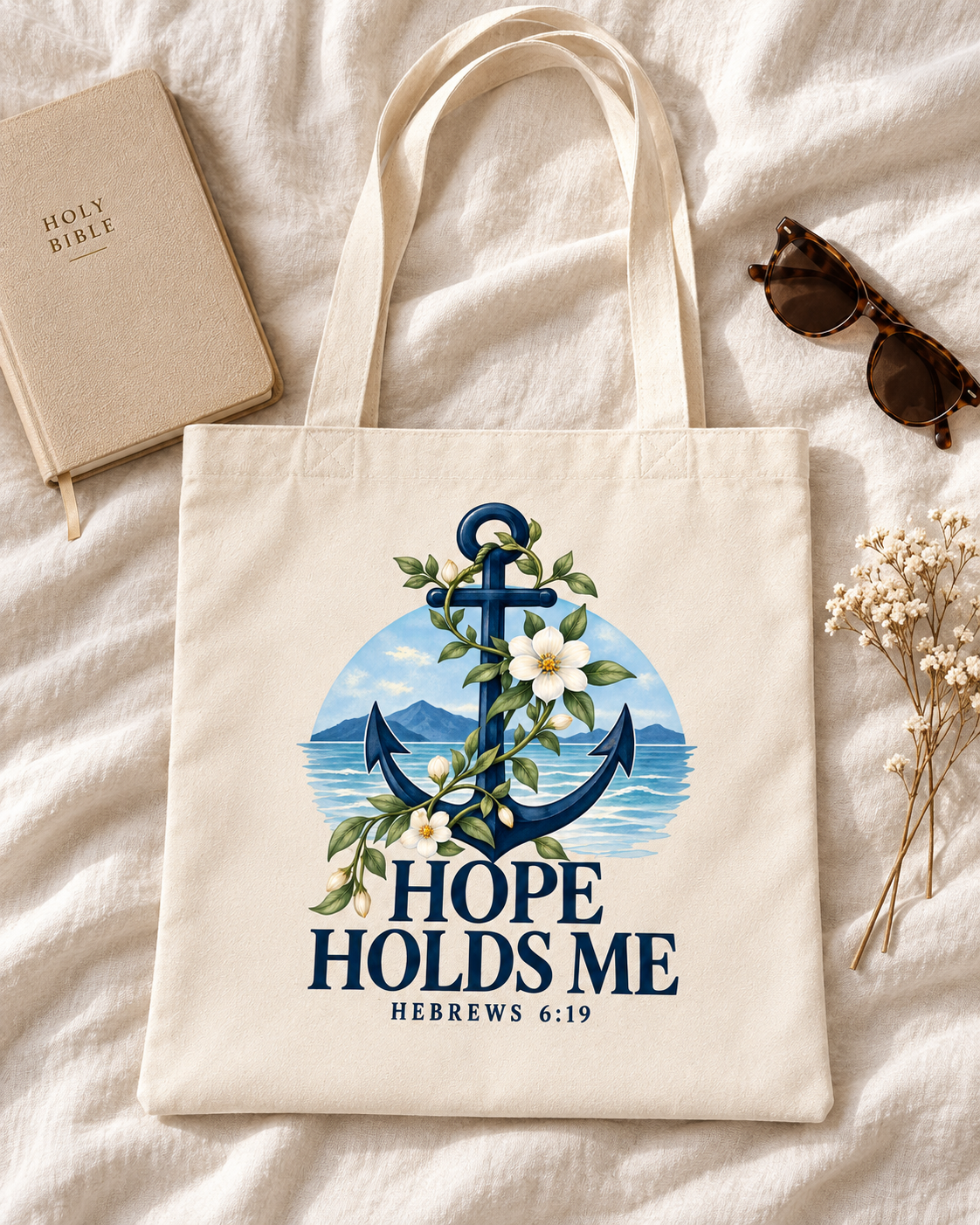Hope Holds Me · Coastal Scripture Canvas Tote