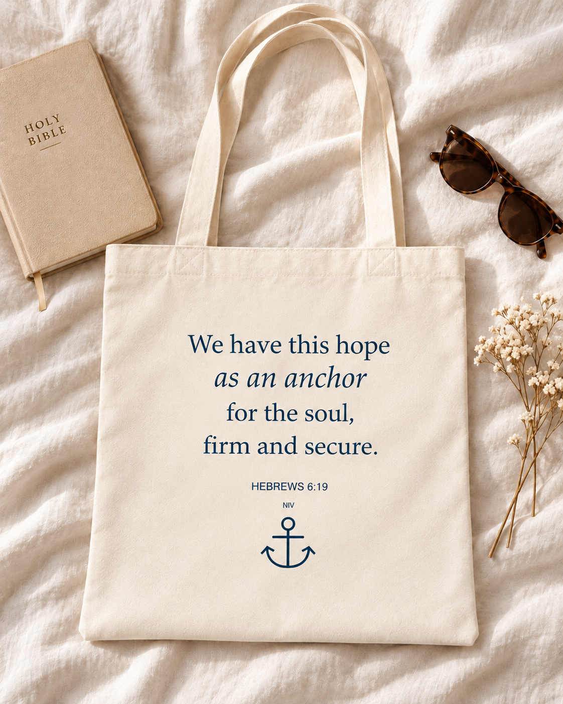 Hope Holds Me · Coastal Scripture Canvas Tote