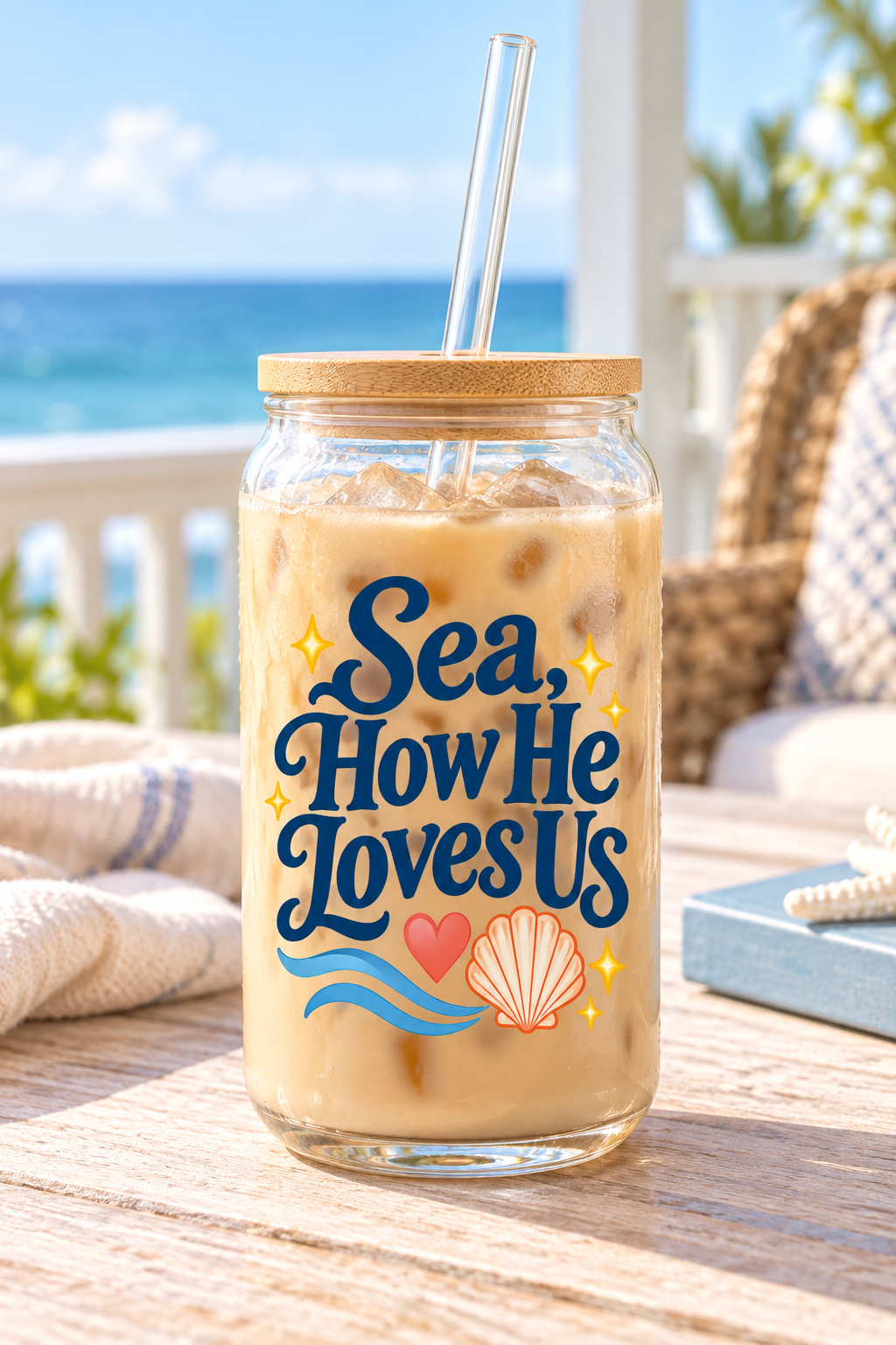 Sea, How He Loves Us | Coastal Faith Glass Sipper · 16 oz