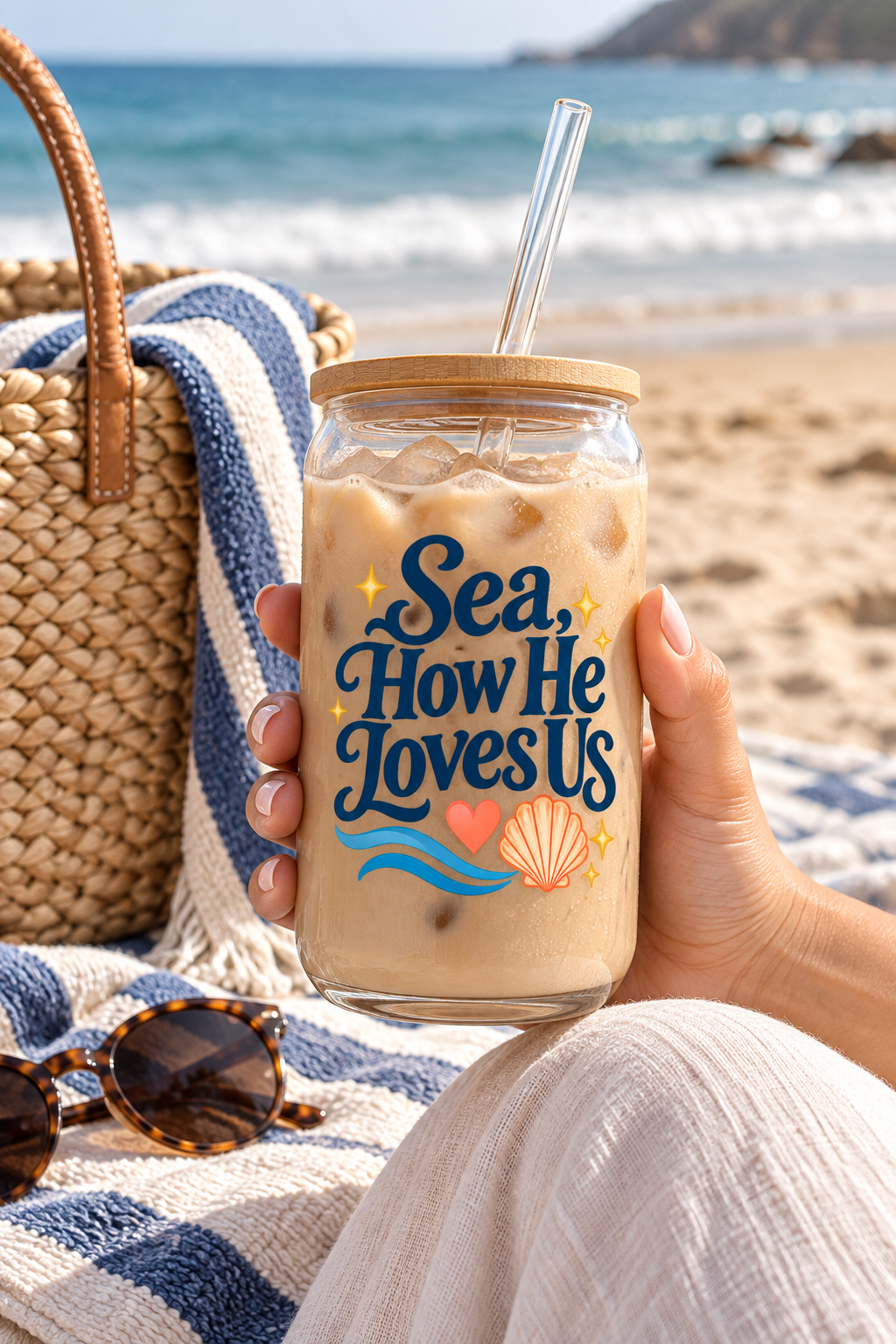 Sea, How He Loves Us | Coastal Faith Glass Sipper · 16 oz