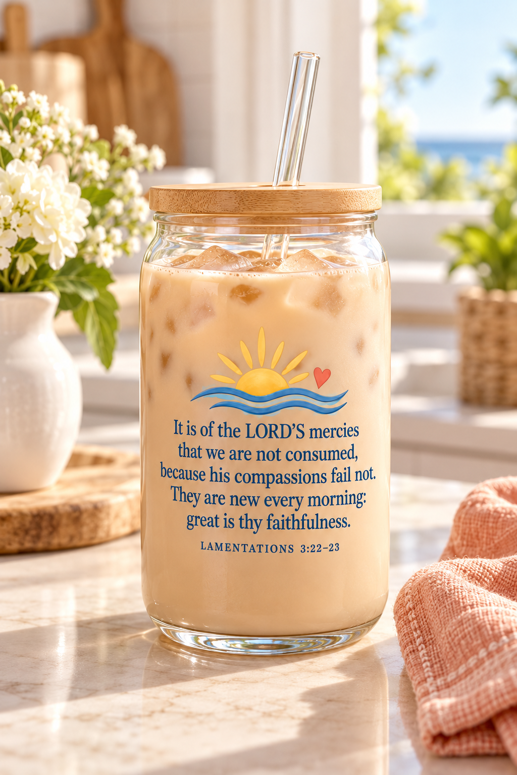 Mercies with the Morning | Coastal Faith Glass Sipper · 16 oz