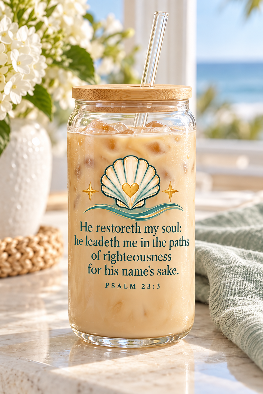 He Restores My Soul | Coastal Faith Glass Sipper · 16 oz