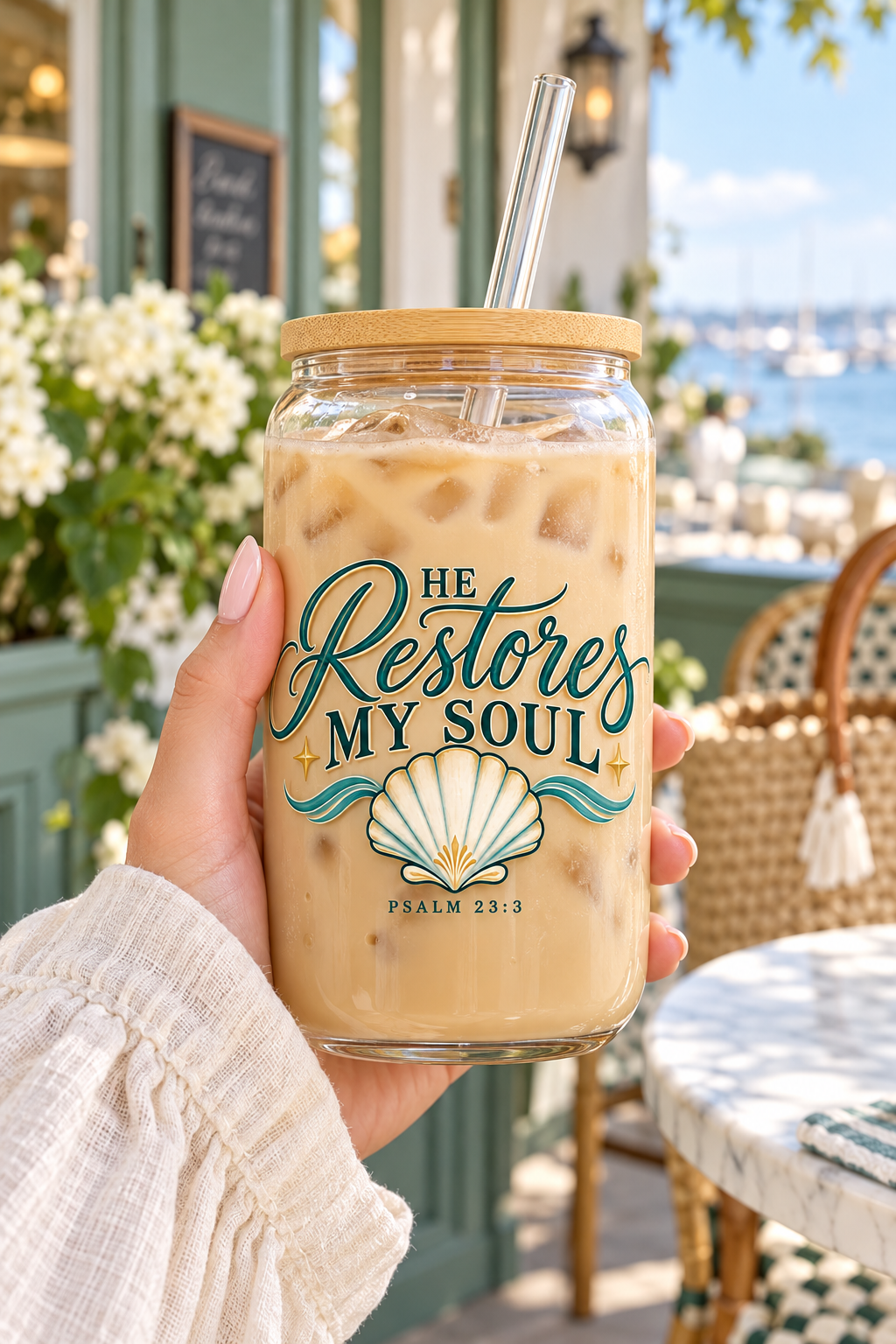 He Restores My Soul | Coastal Faith Glass Sipper · 16 oz