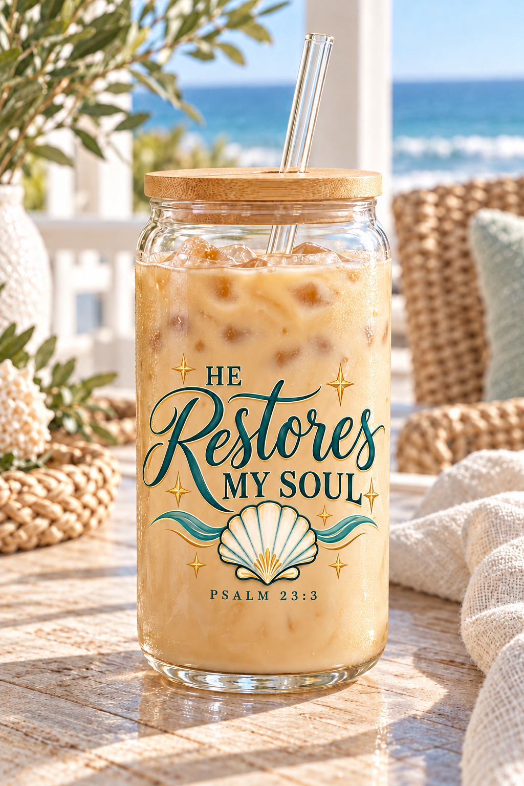 He Restores My Soul | Coastal Faith Glass Sipper · 16 oz