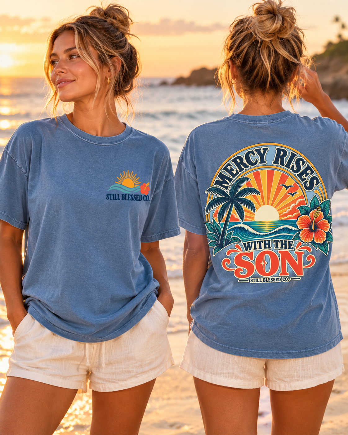 Mercy Rises With the Son Christian T-Shirt | Coastal Faith Comfort Colors Tee | Sunrise Beach Shirt for Women | Still Blessed Co.