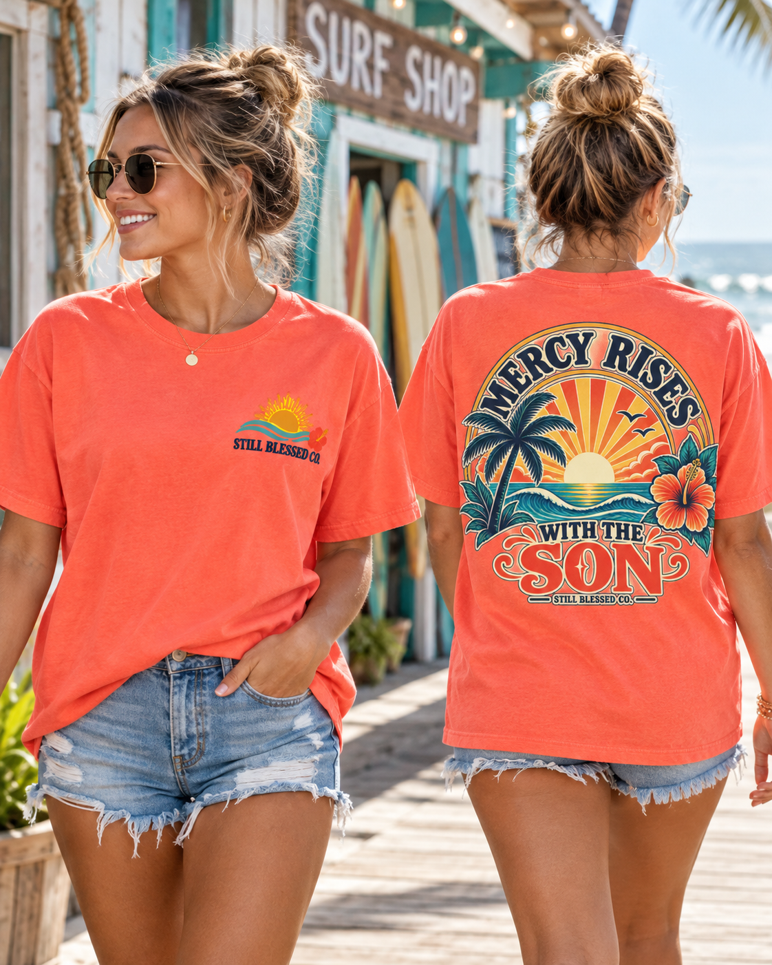 Mercy Rises With the Son Christian T-Shirt | Coastal Faith Comfort Colors Tee | Sunrise Beach Shirt for Women | Still Blessed Co.