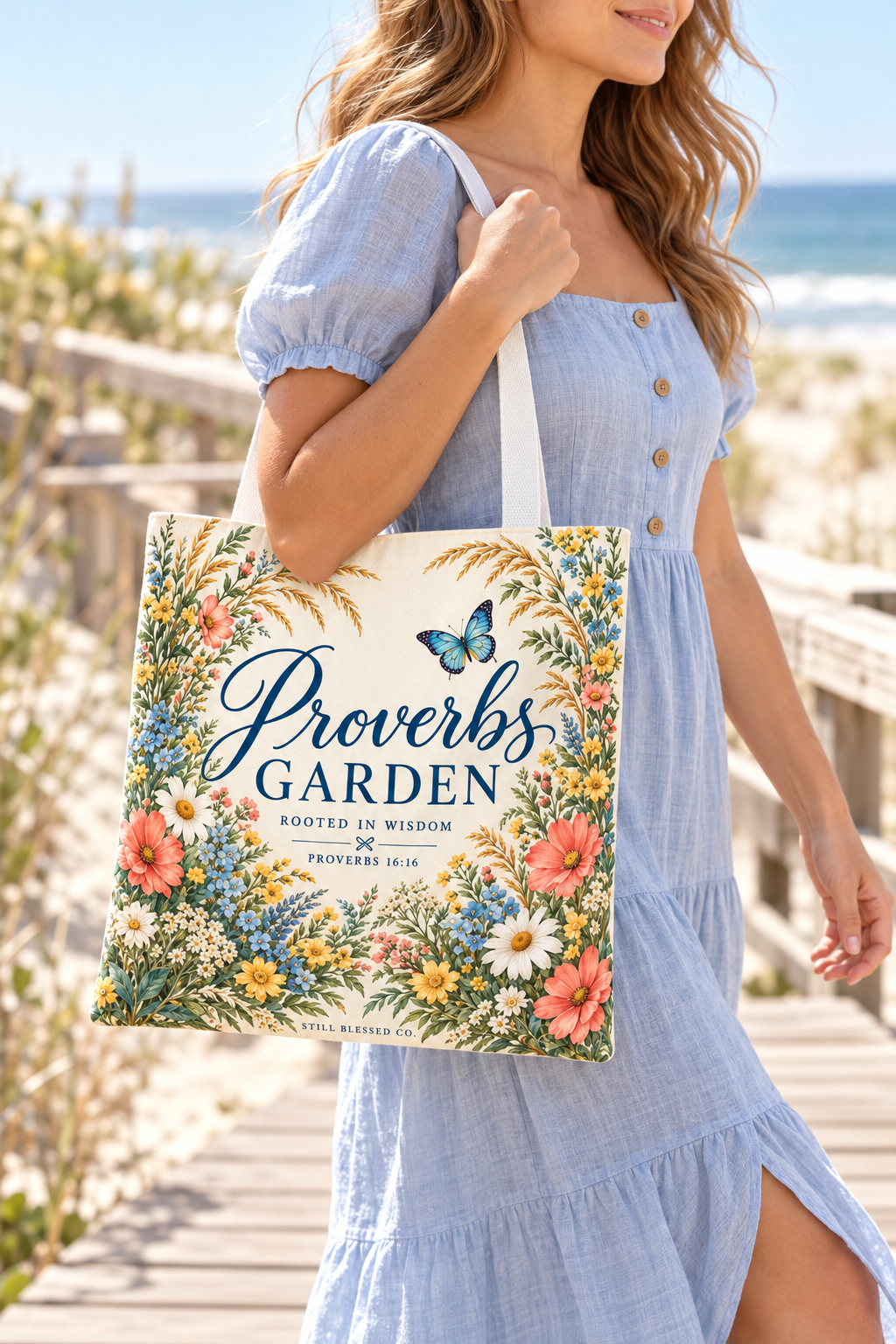 Proverbs Garden™ Double-Sided Botanical Tote Bag | Cottage Garden Floral Canvas Bag | Christian Gift for Women | Faith-Inspired Market & Bible Study Tote