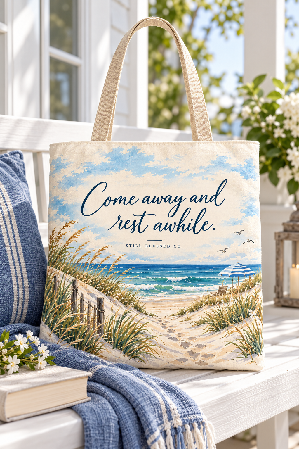 Be Still & Know™ Double-Sided Coastal Tote Bag | Psalm 46:10 Christian Canvas Tote | Beach Path Watercolor Bag | Boutique Gift for Women