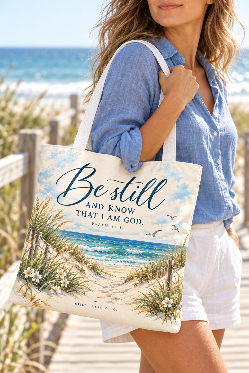 Be Still & Know™ Double-Sided Coastal Tote Bag | Psalm 46:10 Christian Canvas Tote | Beach Path Watercolor Bag | Boutique Gift for Women