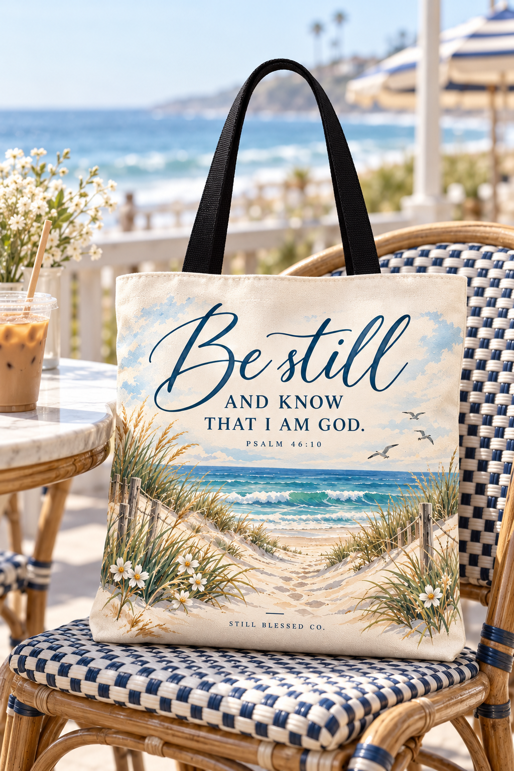Be Still & Know™ Double-Sided Coastal Tote Bag | Psalm 46:10 Christian Canvas Tote | Beach Path Watercolor Bag | Boutique Gift for Women