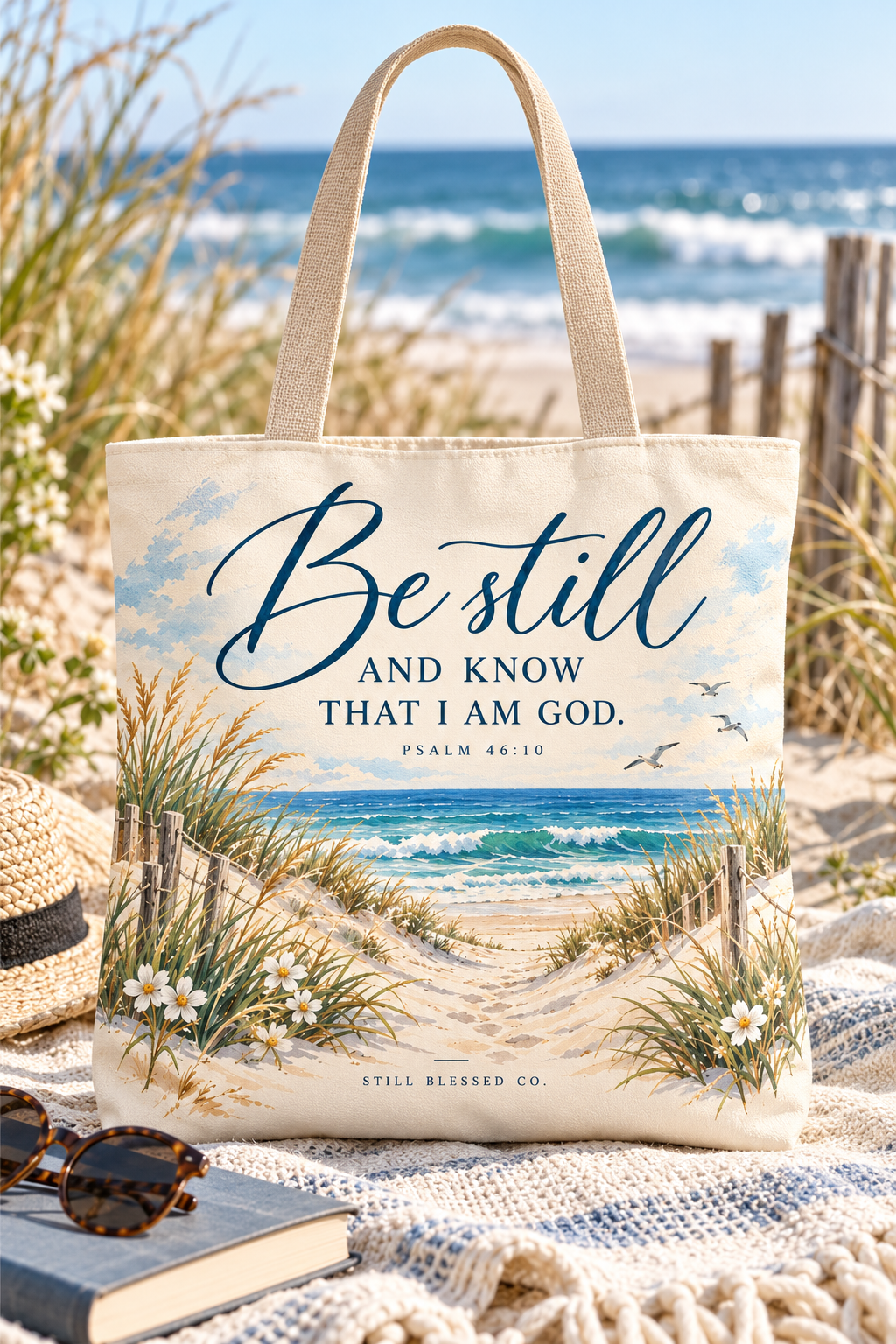 Be Still & Know™ Double-Sided Coastal Tote Bag | Psalm 46:10 Christian Canvas Tote | Beach Path Watercolor Bag | Boutique Gift for Women