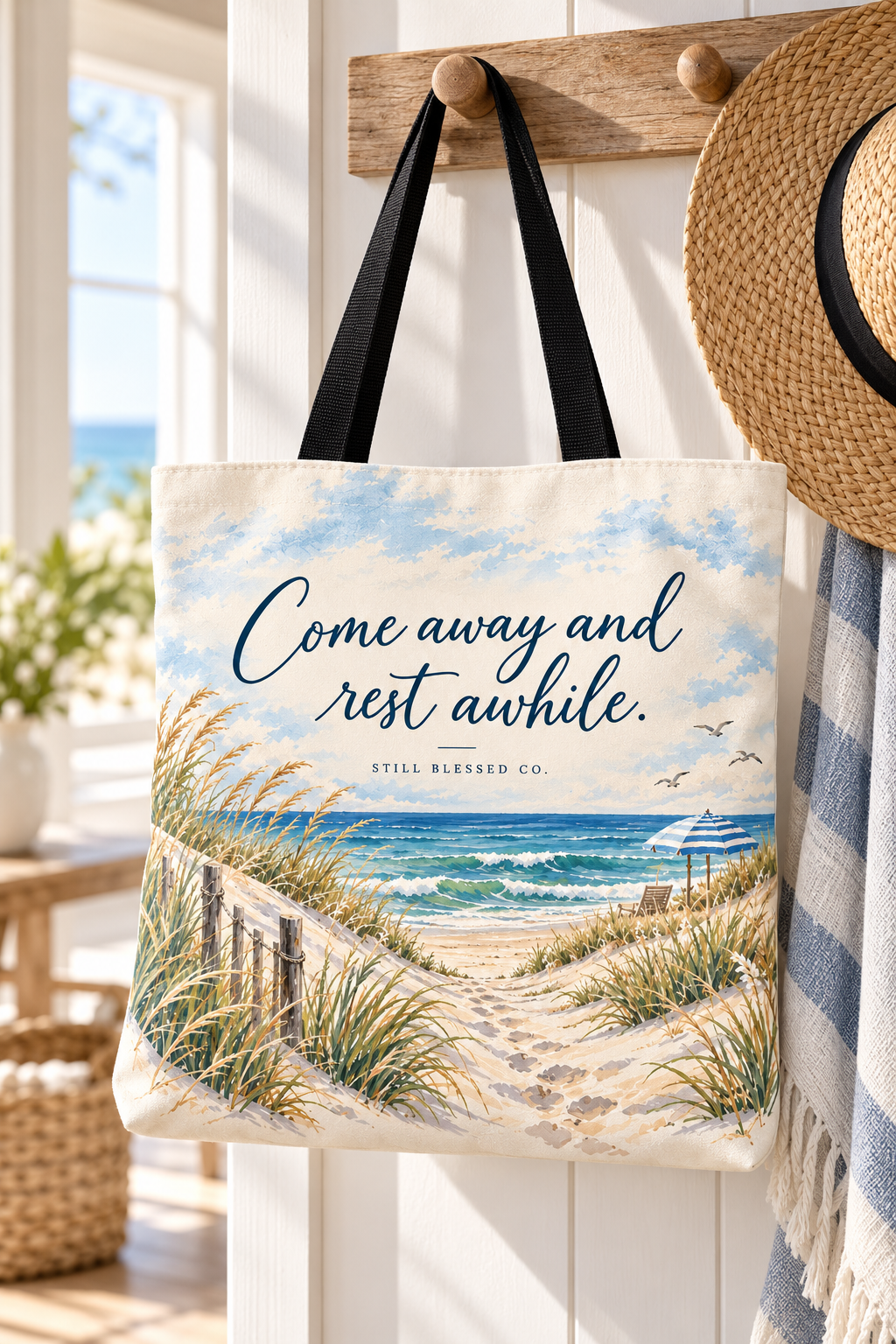 Be Still & Know™ Double-Sided Coastal Tote Bag | Psalm 46:10 Christian Canvas Tote | Beach Path Watercolor Bag | Boutique Gift for Women