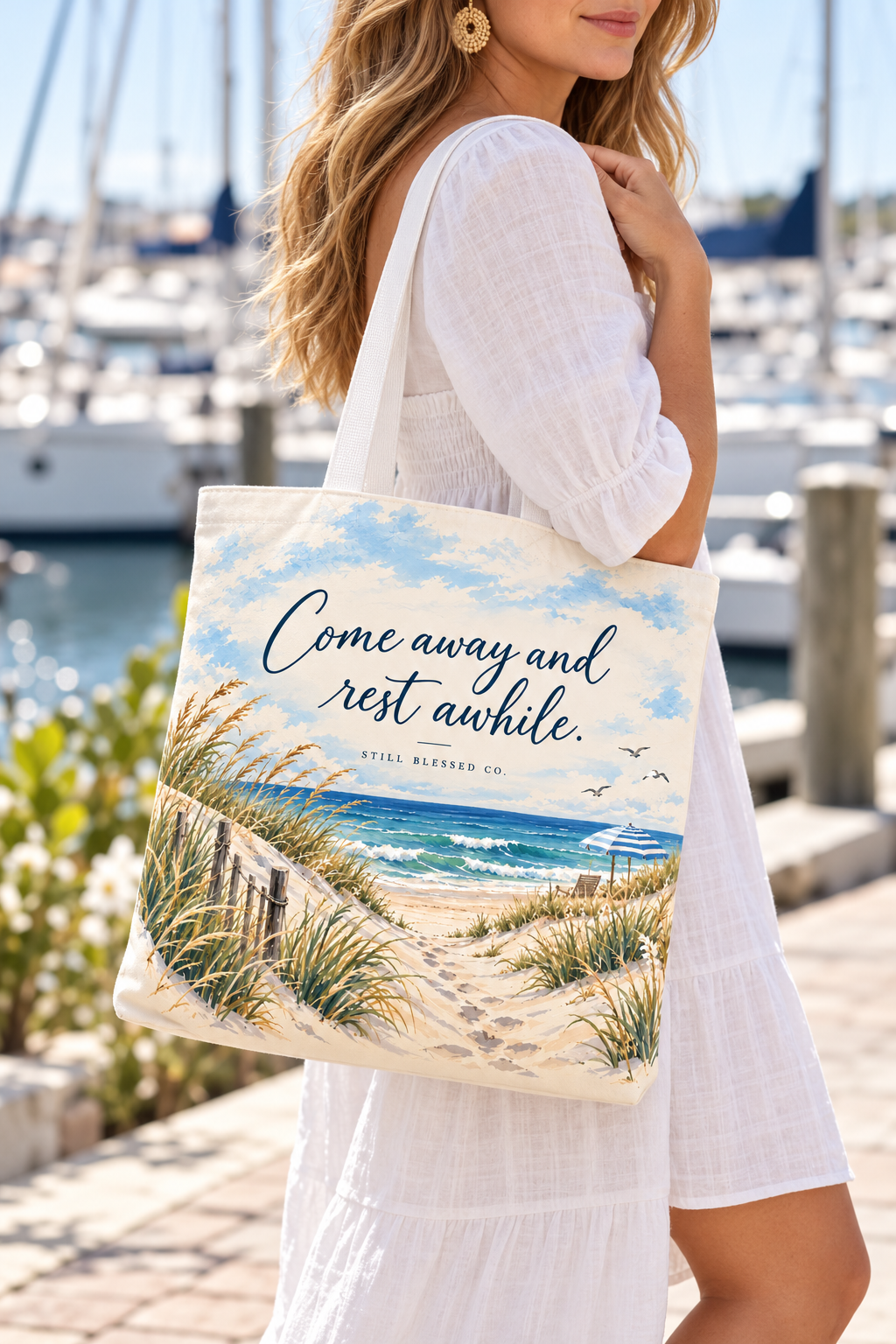 Be Still & Know™ Double-Sided Coastal Tote Bag | Psalm 46:10 Christian Canvas Tote | Beach Path Watercolor Bag | Boutique Gift for Women