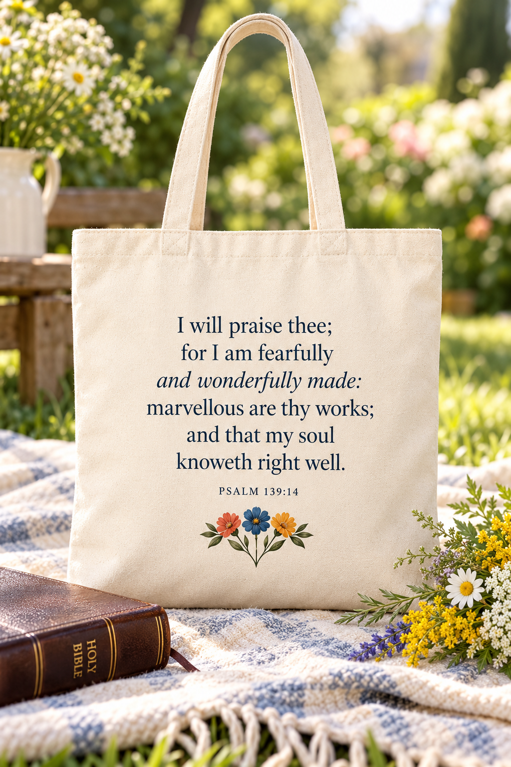 Wonderfully Made Floral Scripture Tote | Psalm 139:14