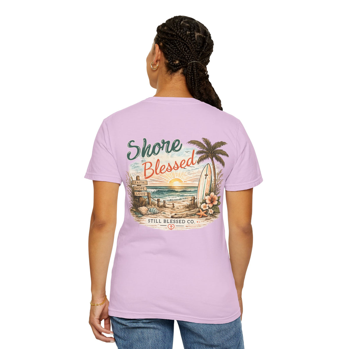 Shore Blessed Comfort Colors® Christian T-Shirt | Coastal Faith Shirt | Beach Christian Tee | Surf Inspired Bible Shirt | Still Blessed Co.