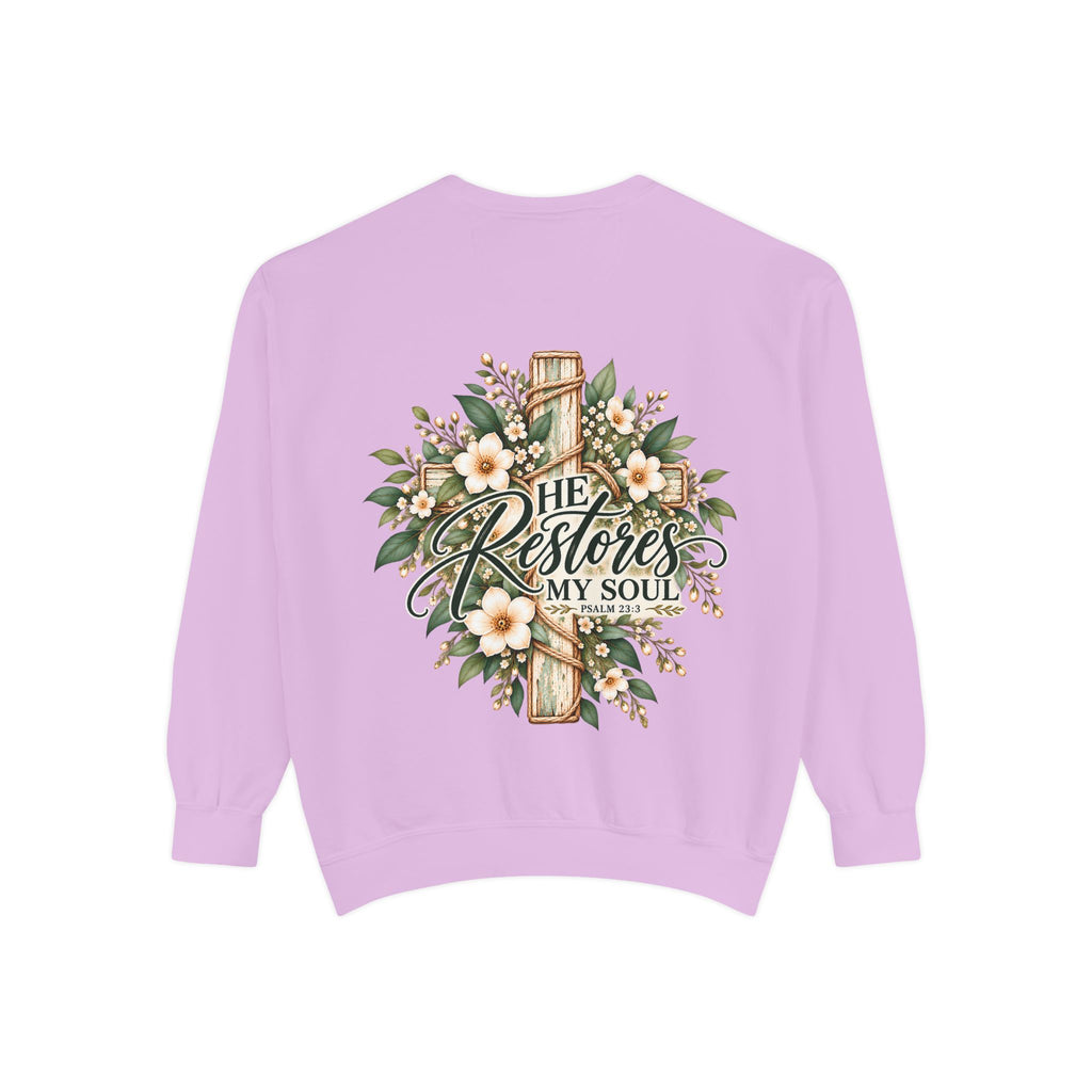 He Restores My Soul Sweatshirt | Psalm 23:3 Christian Crewneck | Botanical Faith Sweatshirt | Christian Gift for Women