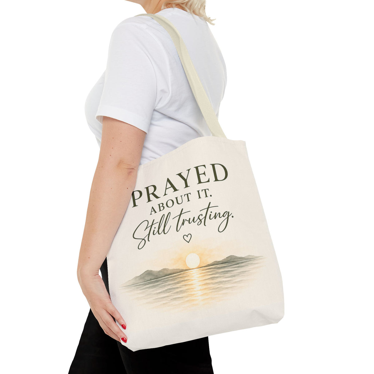 Prayed About It. Still Trusting.™ Double-Sided Faith Tote Bag | Minimalist Christian Canvas Tote | Coastal Watercolor Gift for Women